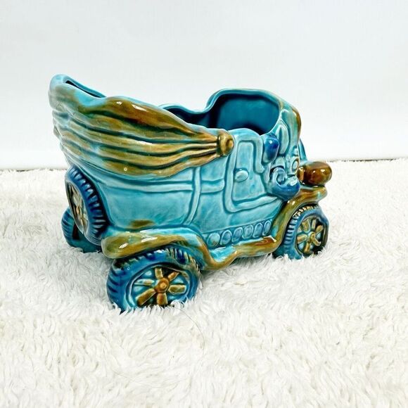 Vintage Rubens Blue Car Buggy Planter Japan Ceramic Footed Retro Whimical Decor - Picture 3 of 10